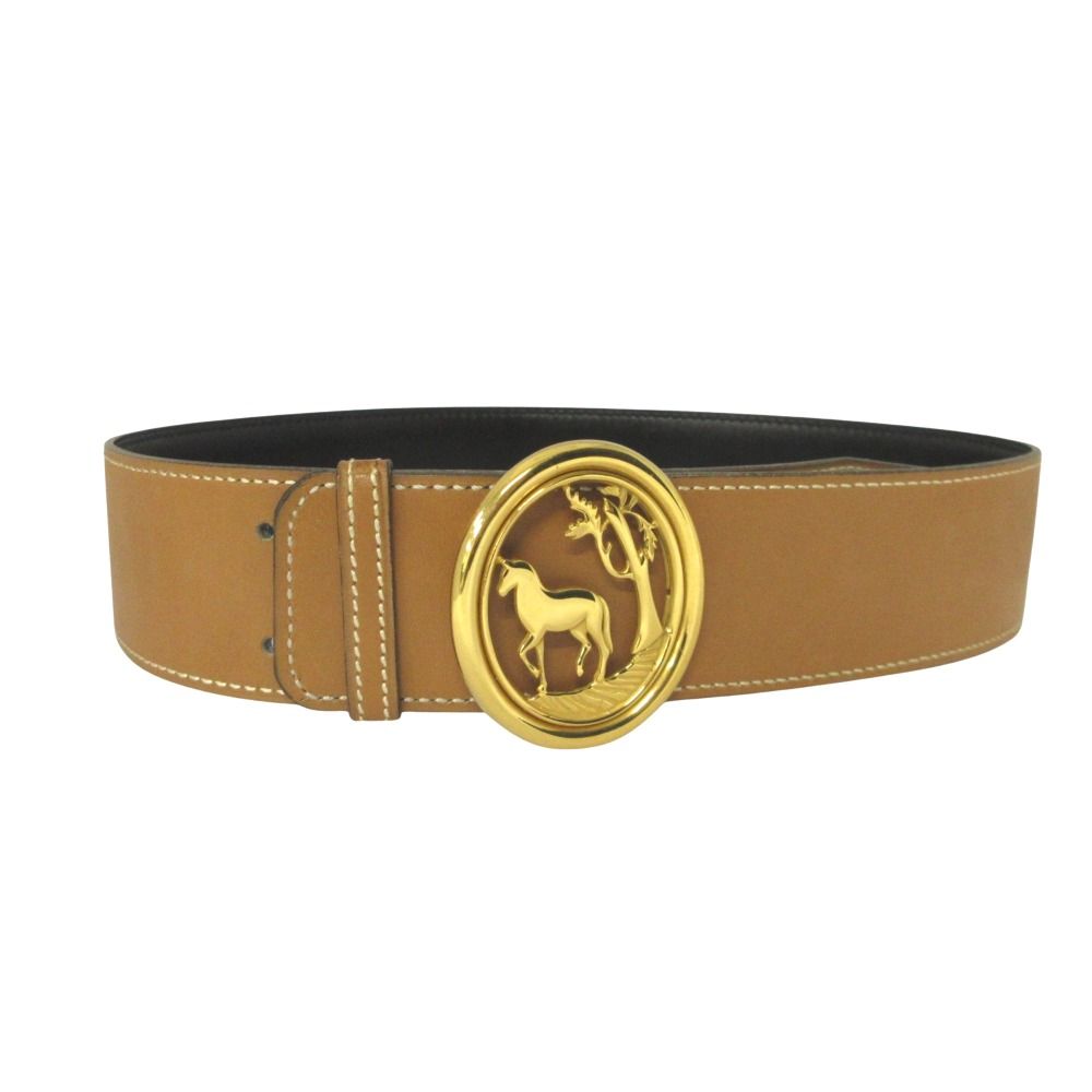 Hermes Horse Buckle Reversible Belt Vintage Black Brown Gold