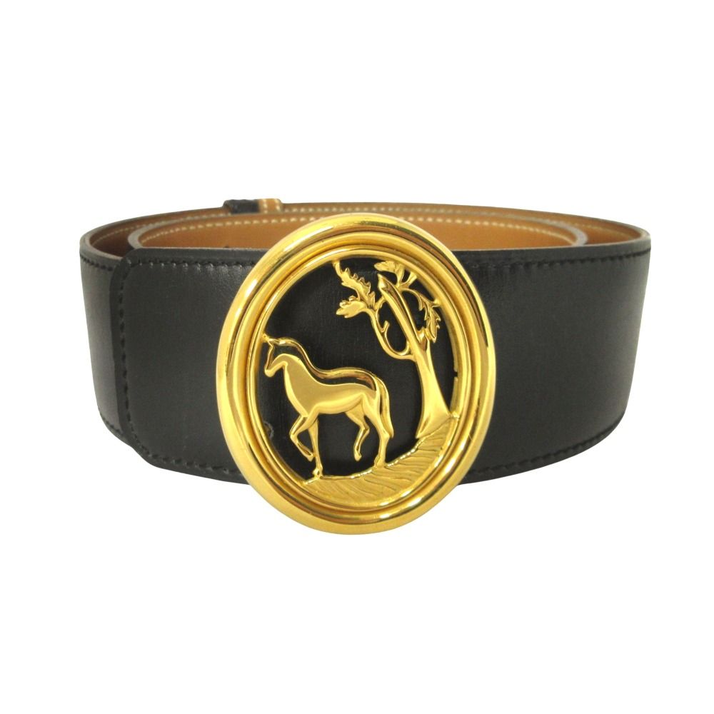 Hermes Horse Buckle Reversible Belt Vintage Black Brown Gold