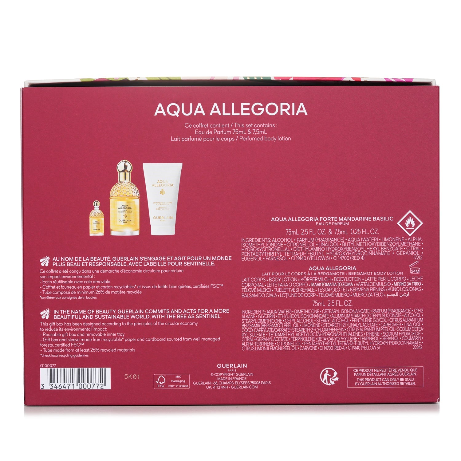 Guerlain Aqua Allegoria Forte Mandarine Basilic Gift Set EDP 75ml+7.5ml+ Body Lotion 75ml  3pcs