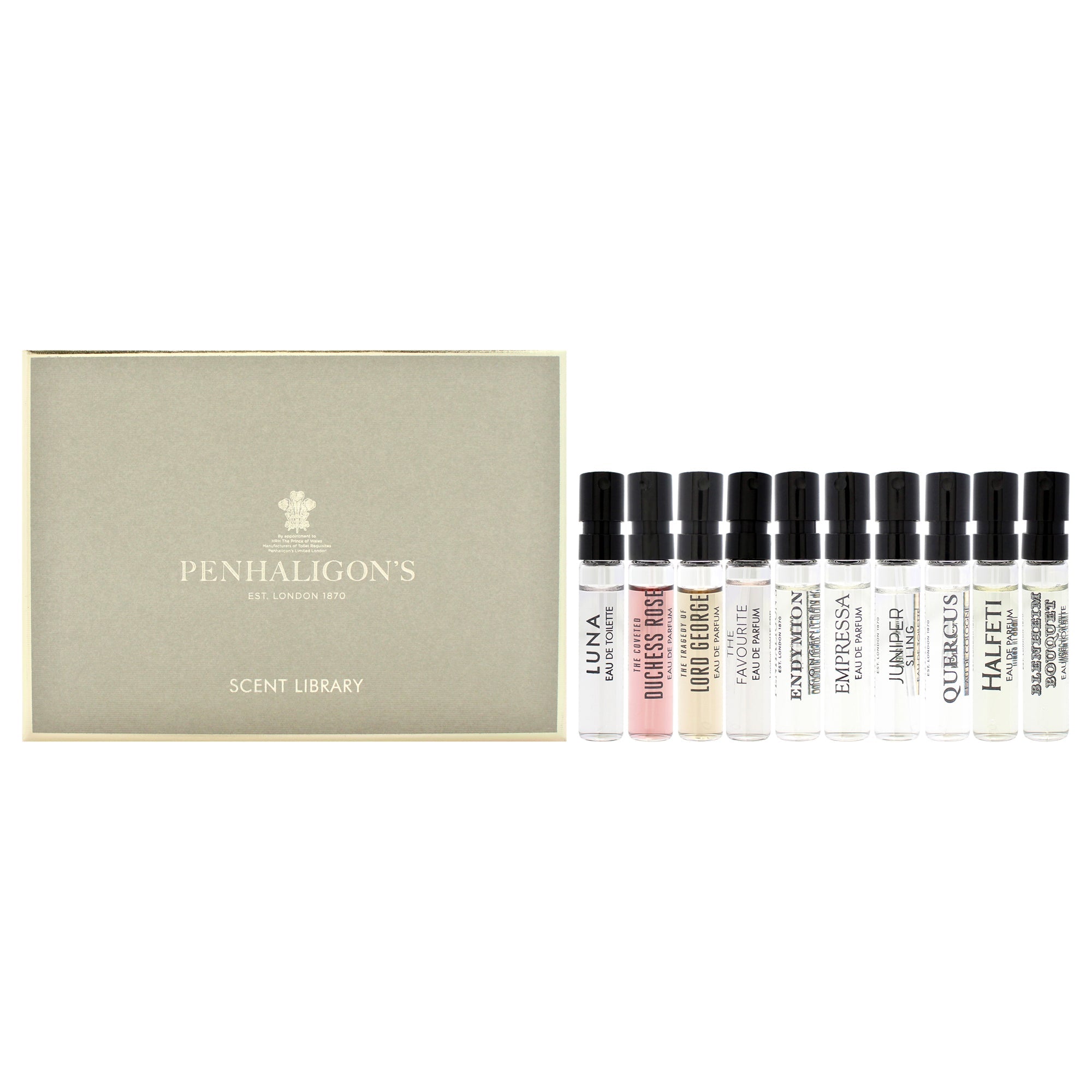 Penhaligons Scent Library Set by Penhaligons for Unisex - 10 Pc Mini Gift Set 0.07oz Empressa EDP Spray, 0.07oz Endymion Concentre EDP Spray, 0.07oz Halfeti EDP Spray, 0.07oz The favourite EDP Spray, 0.07oz The Coveted Duchess Rose EDP Spray, 0.07oz The T