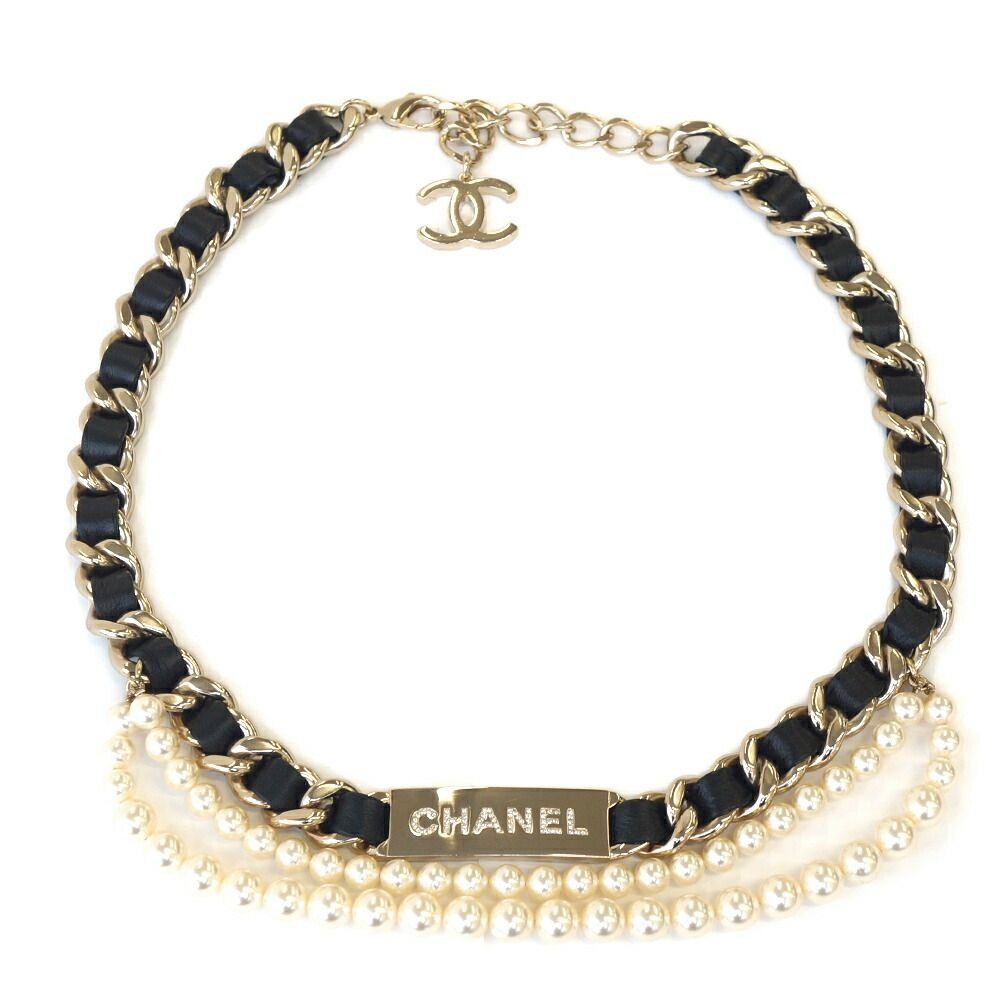 Chanel Double Pearl CC Logo Rhinestone Plate Belt Leather Black Gold